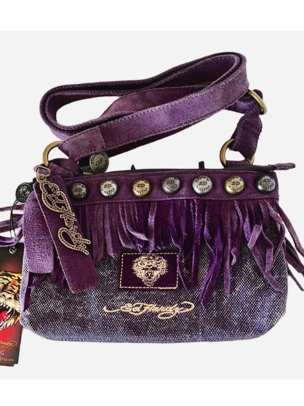 NWT Vtg Ed Hardy Seattle Purple Suede Fringe Crossbody Bag Christian Audigier